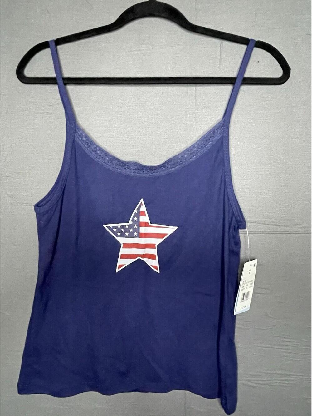 NWT Modern Lux American Flag Star Lace Trim Camisole Tank Top XL Blue Patriotic